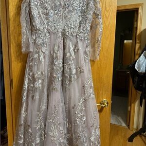 Mac Duggal Silver Floral Embroidered Long Sleeve Dress
